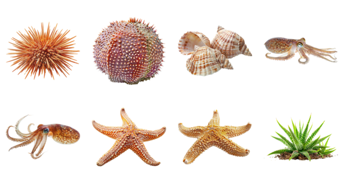 Sea creatures assortment on transparent background