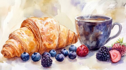 Watercolor painting of a delicious breakfast featuring a steaming cup of coffee, a golden croissant, and fresh berries