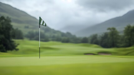 Obraz premium green golf background with blurred flag and hills