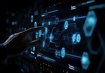 Hand interacting with a futuristic digital interface, displaying interconnected data and symbols