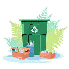 Glass bottles and jars in boxes near a green recycling bin, flat style, with leafy background, concept of eco-friendly waste disposal. Vector illustration