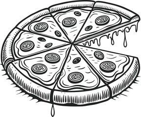
This collection of black and white images showcases various illustrations of pizza, including whole pizzas with different toppings, slices,