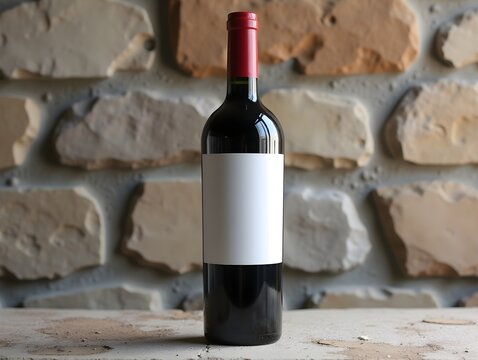 Bottle of red wine with white label stands next to stone wall, copy space