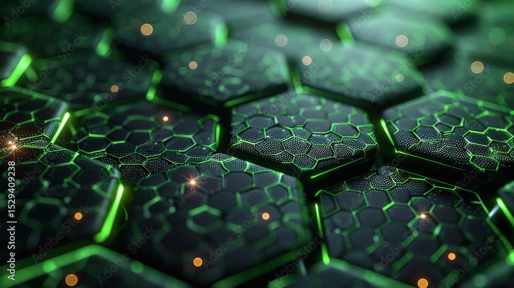 Aufkleber a detailed close-up of a futuristic hexagonal patterned surface glowing with green accents, emphasiz