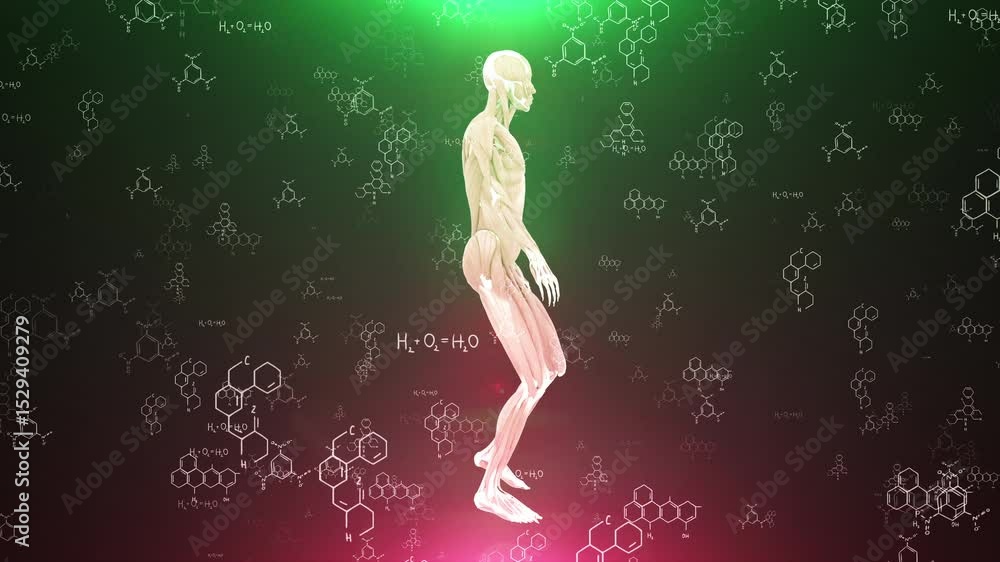 Poster anatomical model with chemical formulas floating on green and red gradient background