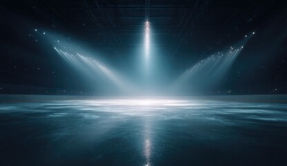 Empty ice rink arena, lit by spotlights