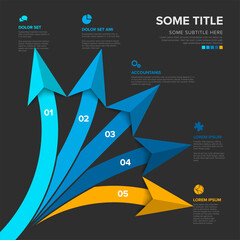 Modern infographic template illustrating a five-step process or timeline with numbered arrows. This dynamic five-step infographic is ideal for visualizing growth, options, or sequential data.