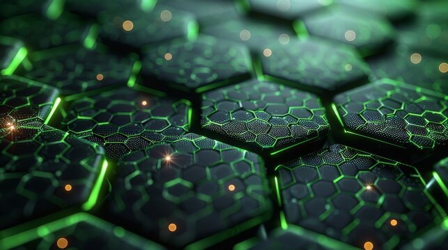 A detailed close-up of a futuristic hexagonal patterned surface glowing with green accents, emphasizing technology and modern design in a captivating abstract style.