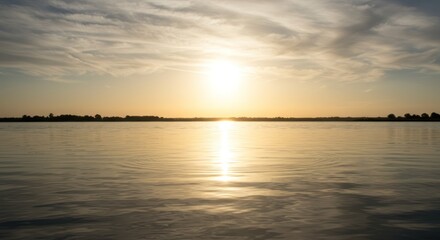 Golden sunset over lake panorama