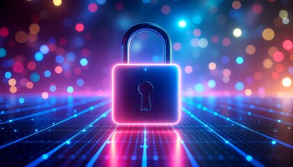 Colorful digital padlock glowing in a cyber space background