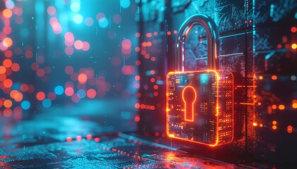 Cybersecurity padlock on digital wall with vibrant neon light