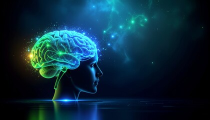 Futuristic female profile with glowing brain and cosmic background