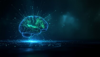 Digital glowing brain with neural connections in dark tech background