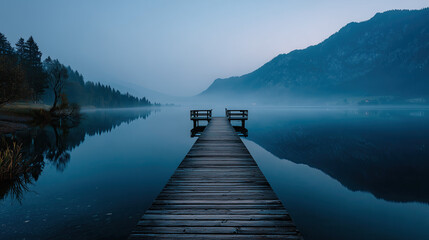 Dawn Mist Over Mountain Lake Pier with Cool Blue Tones and Subtle Grain