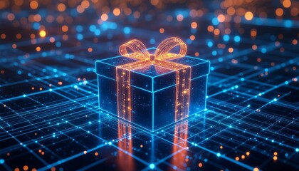 Digital gift box with glowing ribbon in cyber grid environment