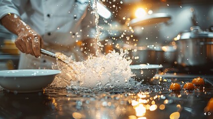 A skilled chef expertly splashes water while preparing a delicious dish in a busy kitchen, blending artistry and technique in culinary excellence.
