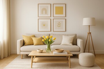 Elegant Scandinavian living room with bright, cozy decor and fresh flowers