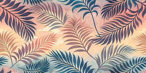 Abstract palm leaf silhouette pattern with summer sunset gradient