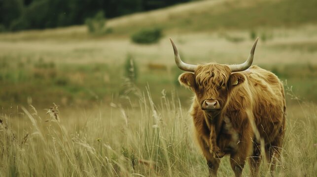 A picturesque shot of a Highland cow standing gracefully in an open field, showcasing its striking fur and horns against a natural landscape, evoking tranquility and nature's beauty.