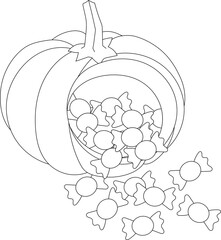 Candies Spilling from Pumpkin Coloring Page

