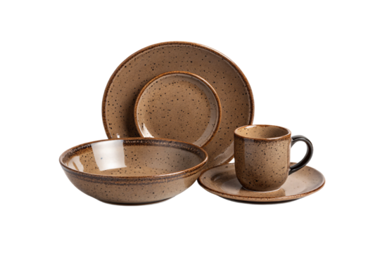 Brown speckled ceramic dinnerware set including plates, bowl, and coffee cup with saucer, isolated on a transparent background