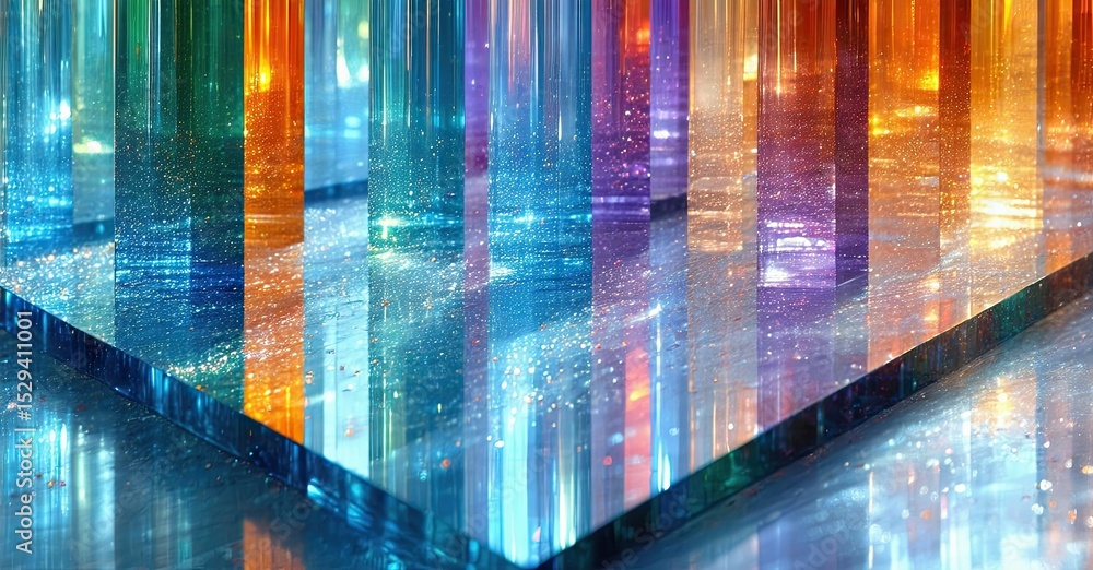 Poster abstract colorful reflections create vibrant geometric patterns. light plays across surfaces, formin