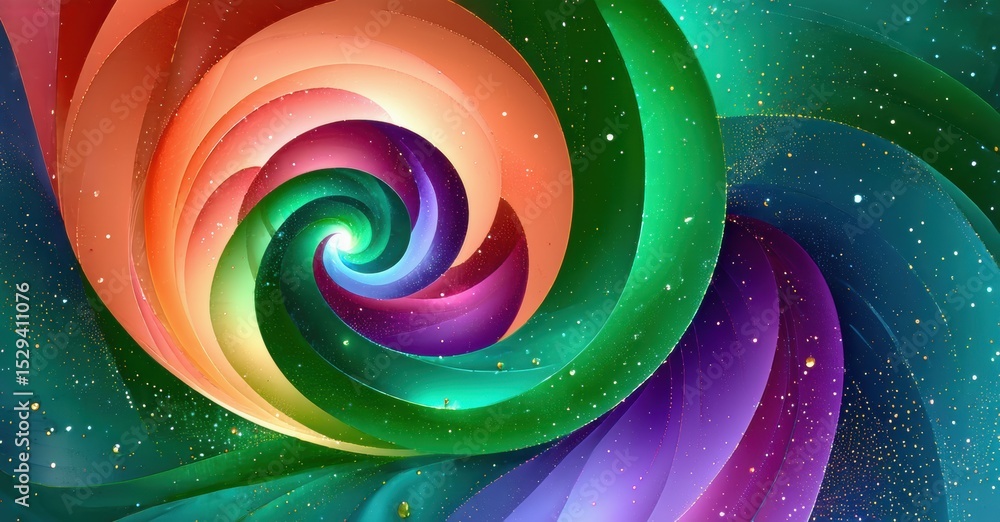 Poster Vibrant spiral design. Colors blend, creating dynamic visual effect. Stars sparkle within swirling patterns. Abstract, beautiful composition.