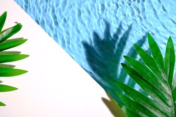 The edge of the pool on a sunny day at the hotel. Top view of poolside with palm leaf frame and...