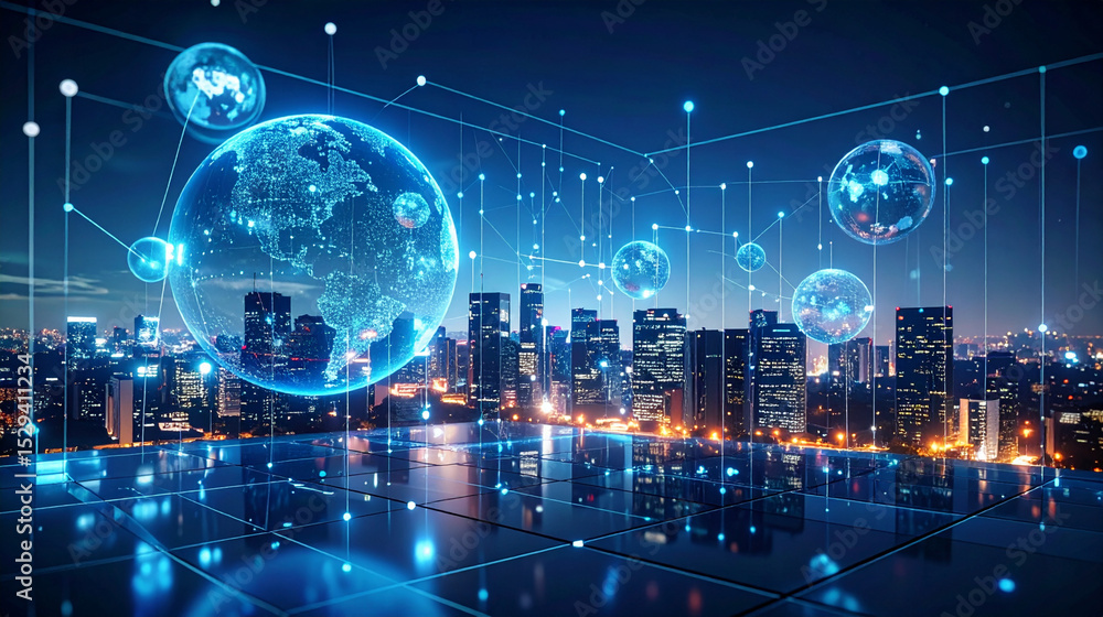 Poster floating data orbs emitting real-time analytics, holographic projections mapping