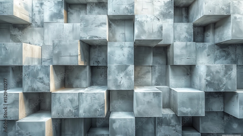 Poster an intricate abstract wall design composed of textured gray cubes, creating a striking visual effect