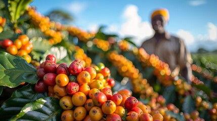 A colorful array of ripe coffee berries clustered on verdant coffee plants, set against a clear blue sky, symbolizing the rich agricultural bounty and natural beauty of coffee production.