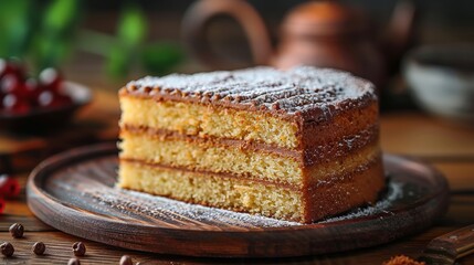 A beautifully sliced layered cake on a wooden plate, dusted with powdered sugar, showcasing its soft texture and delectable flavors, perfect for celebrations and desserts.