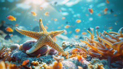 A stunning underwater scene featuring a starfish resting on colorful coral, surrounded by vibrant marine life, capturing the beauty and diversity of ocean ecosystems.