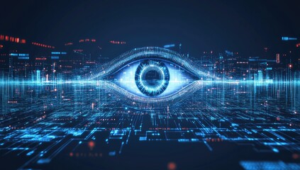 Digital eye within a complex network of glowing lines and data streams
