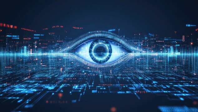 Digital eye within a complex network of glowing lines and data streams