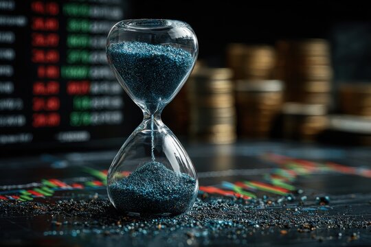 Symbolizing investment dynamics, a digital blue hourglass accentuates the flow of time amidst stock market charts and fluctuating data