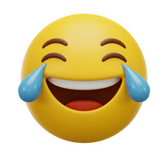 Playful 3D Yellow Laughing Emoji with Streaming Happy Tears Isolated on PNG Background.