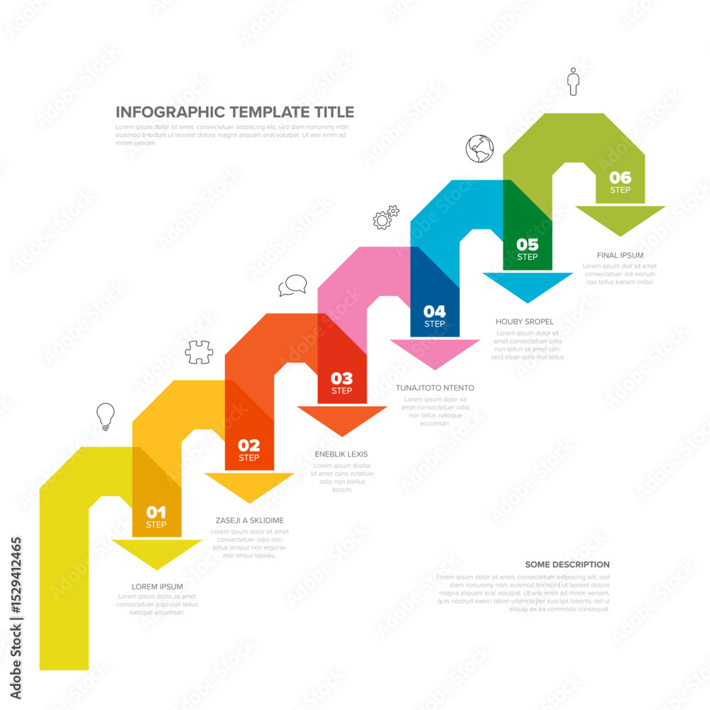 Poster a vibrant step-by-step process infographic template featuring colorful arrows representing progress 