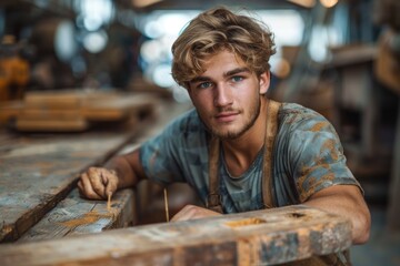A dedicated young carpenter focuses intently on his craft, surrounded by an organized workshop filled with wooden materials, showcasing creativity and craftsmanship.