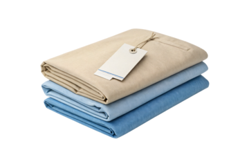 Neatly folded beige and blue linens with white rectangular price tag, isolated on a transparent background