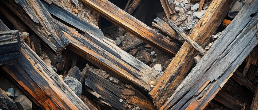 Old broken wooden beams clutter the destroyed shaft of an ancient historic gold mine