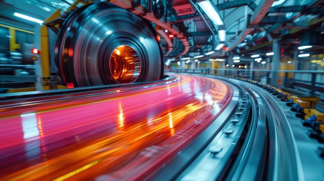 An advanced industrial setting showcases vibrant machinery and a streamlined process, reflecting innovation within a bustling manufacturing environment with bright visuals.