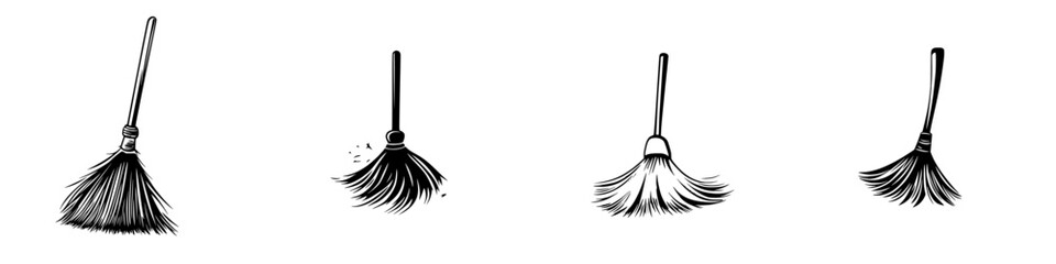 Obraz premium Set of black icons depicting a broom in various states of use for cleaning and tidying activities