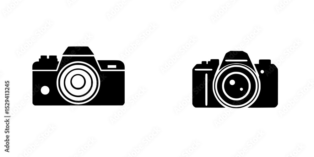 Poster set of black camera icons displaying different angles for graphic design projects and digital applic