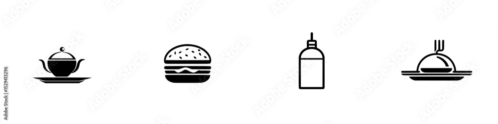Poster black icons representing various food items and condiments displayed on a simple background for culi