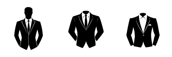 Stylish set of black icons depicting formal suits and luxury attire suitable for various occasions