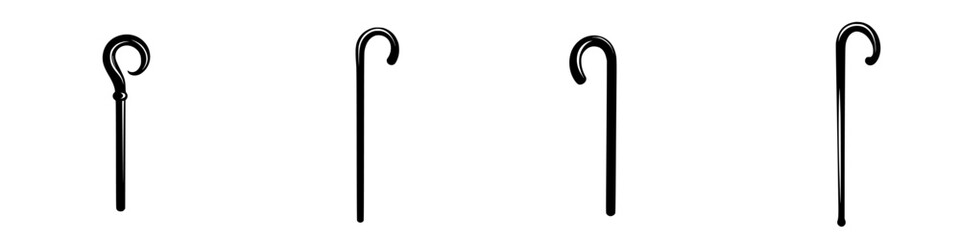 Set of four black icons representing different styles of shepherd's crooks or walking sticks designed for simplicity and clarity