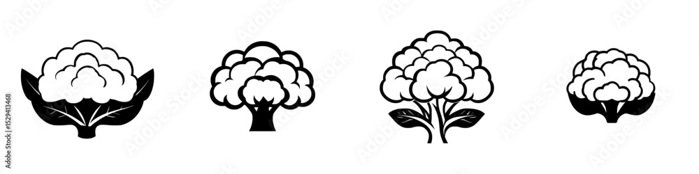 Poster set of black icons representing various styles of cauliflower and broccoli illustrations for graphic
