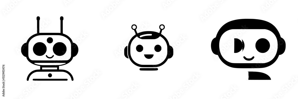 Poster creative black icon designs featuring robot characters with varying expressions and features