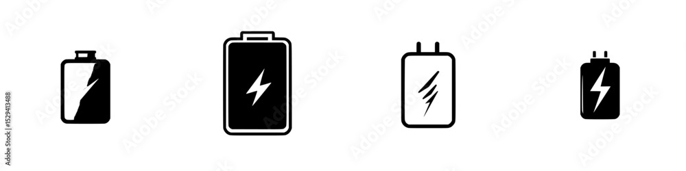 Poster black battery icons representing different charge levels and styles for digital designs and interfac